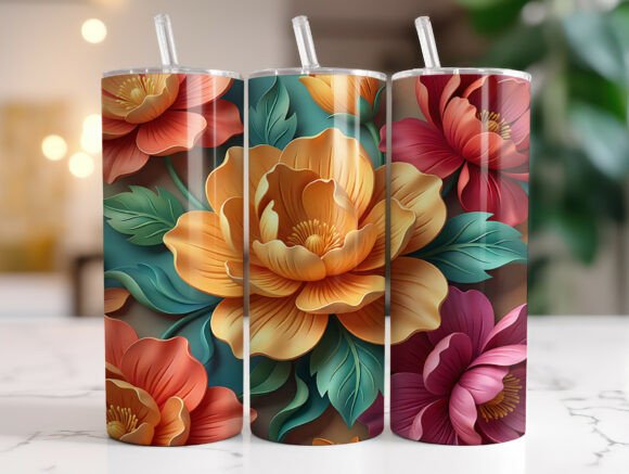 3D Floral Sublimation Tumbler Wrap PNG