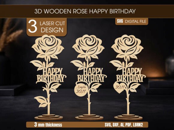 3D Wooden Rose Happy Birthday SVG for Laser Cutting