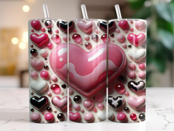 Pink 3D Heart Valentines Tumbler Wrap Graphics