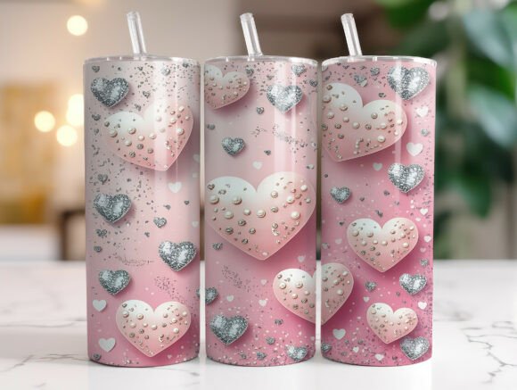 Pink 3D Valentine Hearts 20oz Tumbler Graphics