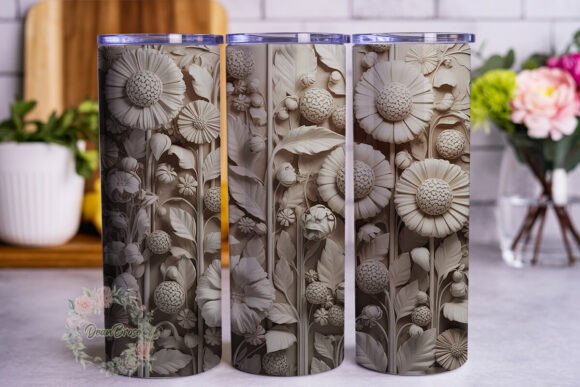 White 3D Floral Bas-Relief Graphics for Tumbler Wraps